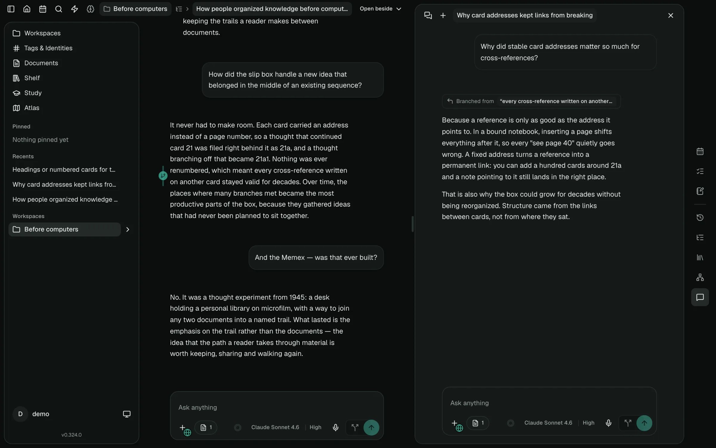 SideQuestly showing a research chat about how people organized knowledge before computers, with a branch opened from one of its sentences beside it